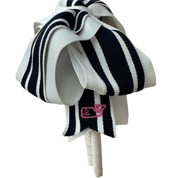 Vineyard Vines Navy Blue and White Bow Headband with VV Whale in Pink - Picture 2 of 8